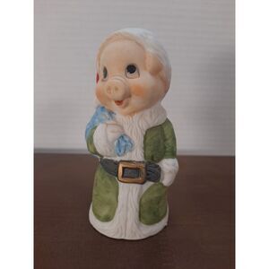Vintage Porcelain Santa PIG Wearing Red Hat Green Sanat Suit And Blue Bag 4" Tal